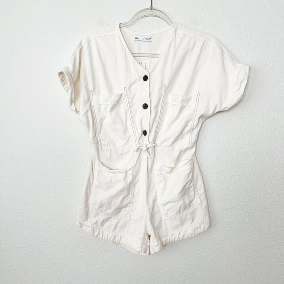 Zara Girls 11-12 Cream Safari Big Pocket Romper - Picture 1 of 8